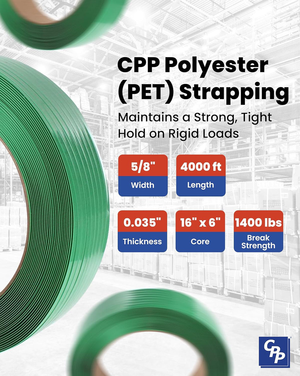 CPP 5/8" x .035" x 4000' Smooth & Waxed Polyester Strapping for Pallet Banding, Heavy Duty Box Straps, Brick and