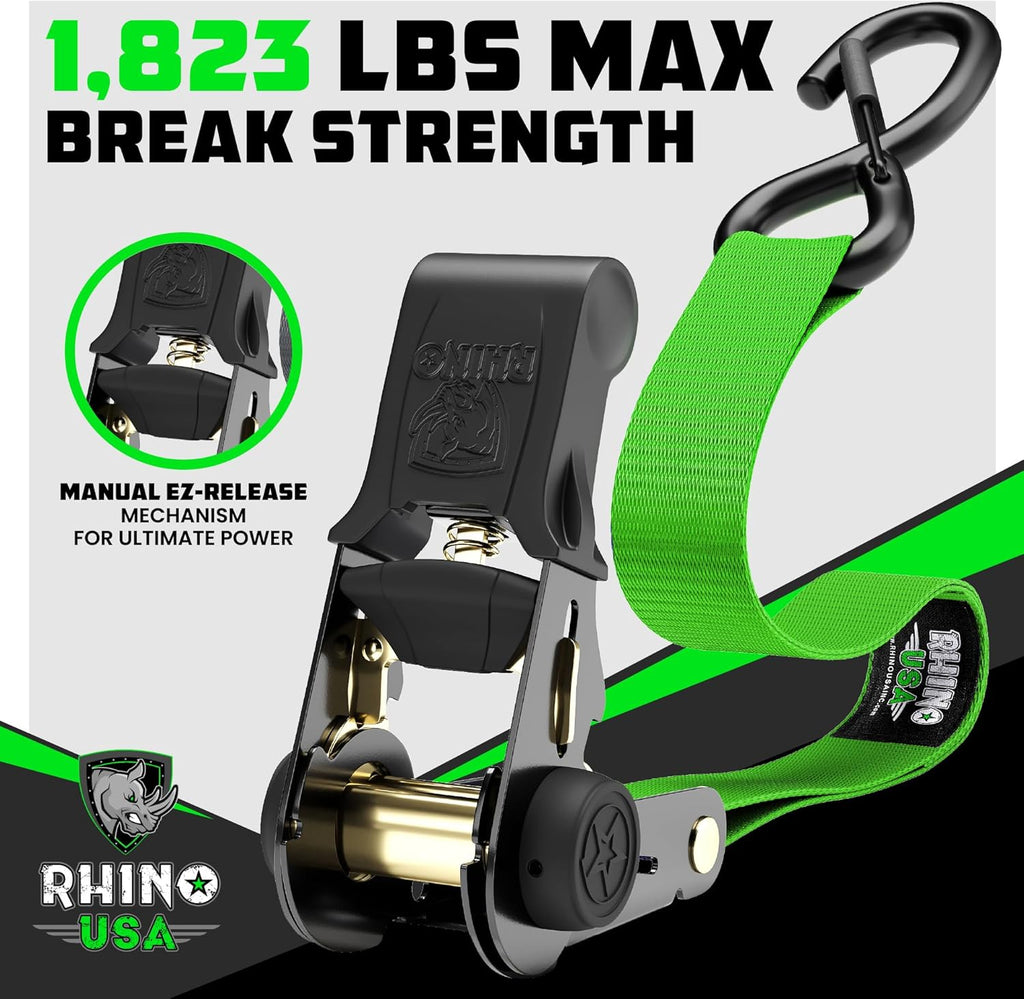 Ratchet Straps Tie Downs (4-Pack) - 1in x 15ft with S Hooks | 1,823lb break strength. Manual ratchet w/ S hooks &