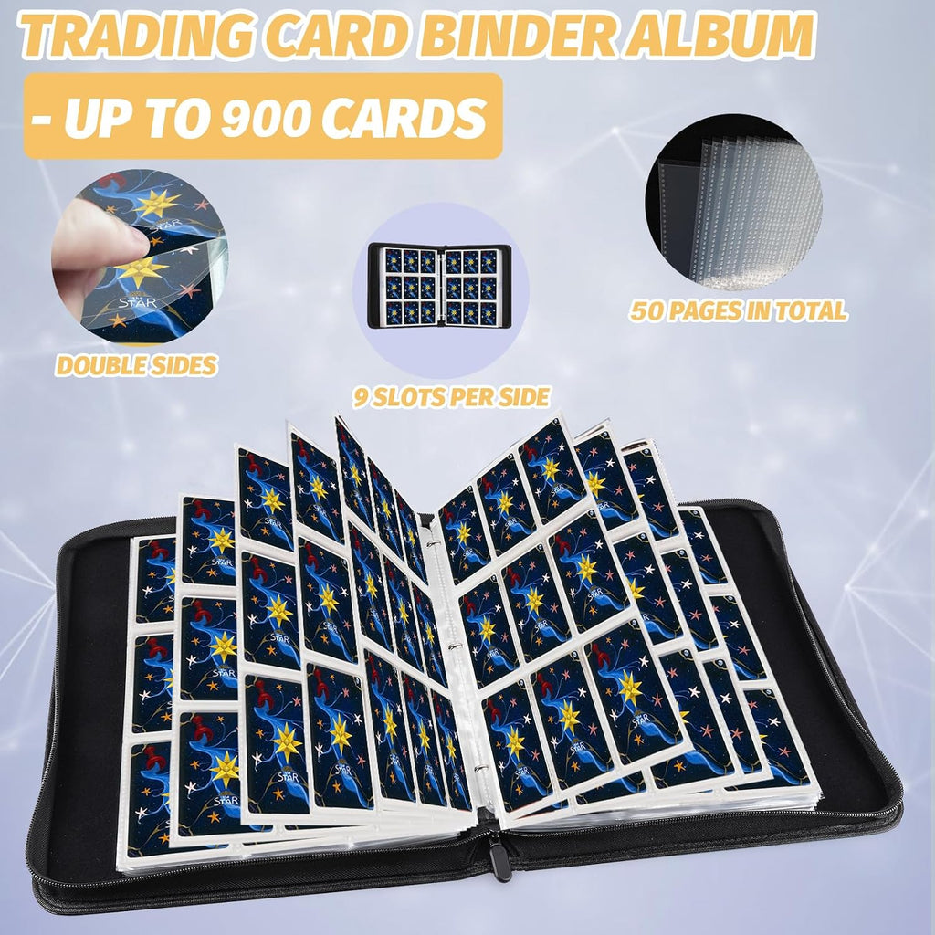 9 Pocket Trading Card Binder,900 Cards,50 Top-Loading Pages, Double Sided Pockets PU Cover Zipper Collection Album