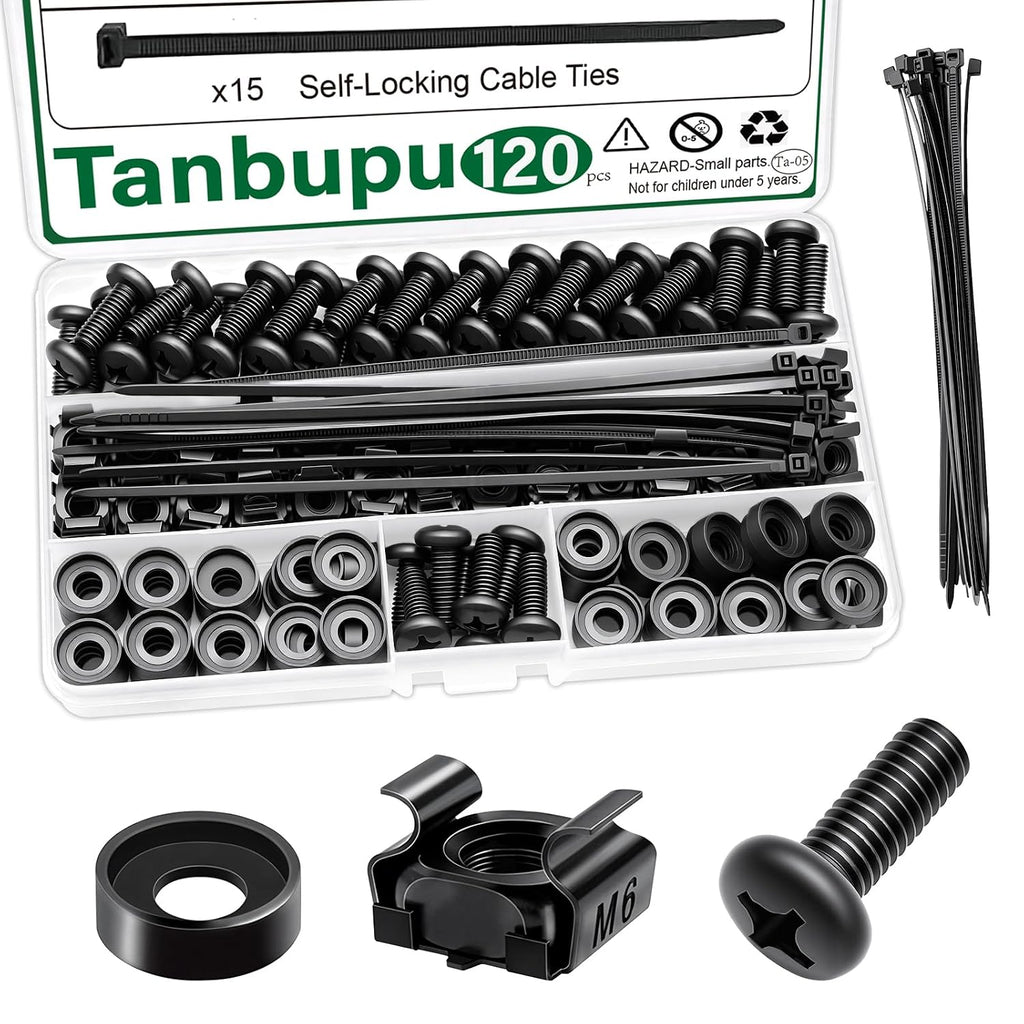 120Pcs M6 x 16mm Rack Mount Cage Nuts, Screws, Washers and Self-Locking Cable Ties, Server Rack Screws and Square Nuts for Rack Mount Server Cabinet, Shelves, Enclosures, Routers