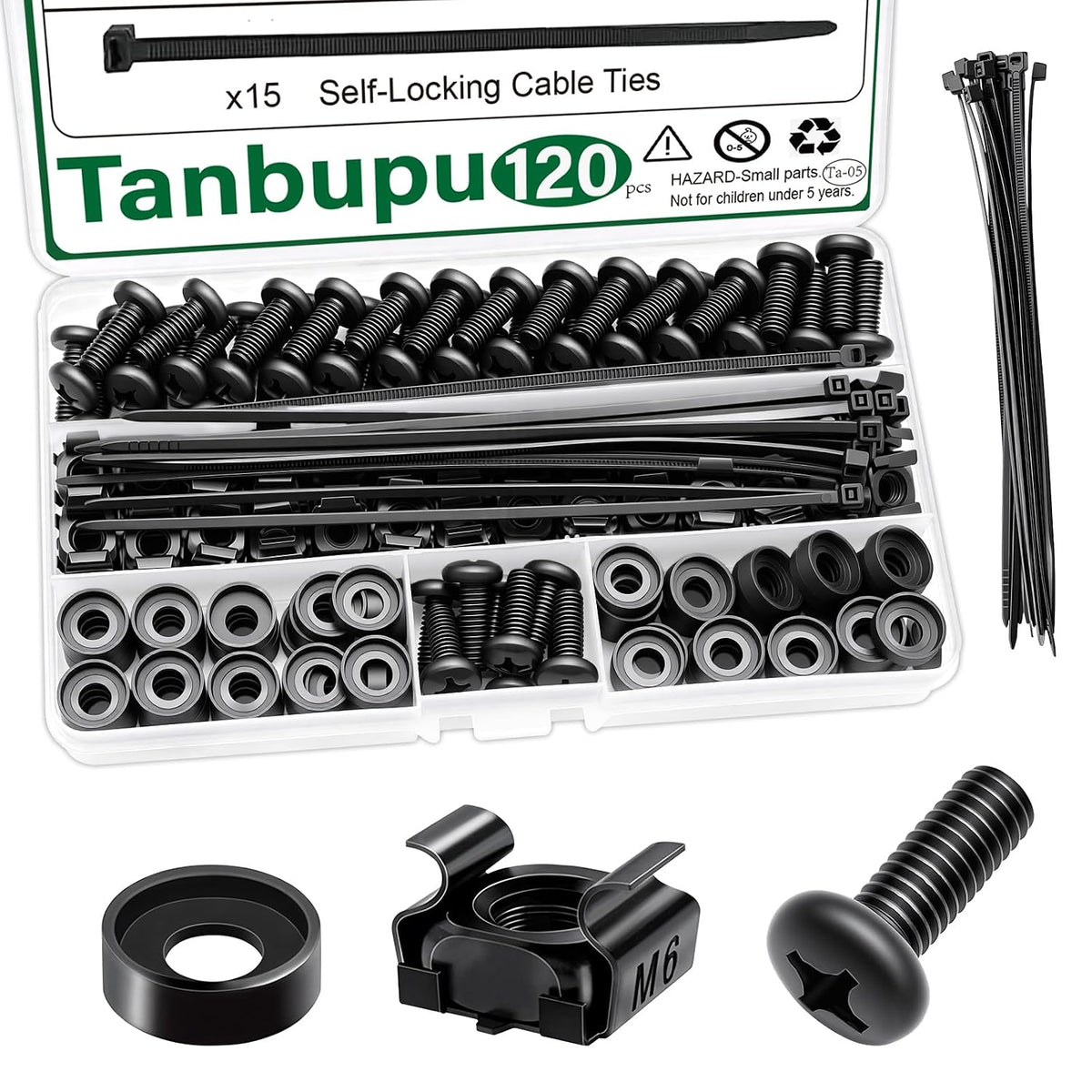 120Pcs M6 x 16mm Rack Mount Cage Nuts, Screws, Washers and Self-Locking Cable Ties, Server Rack Screws and Square Nuts for Rack Mount Server Cabinet, Shelves, Enclosures, Routers