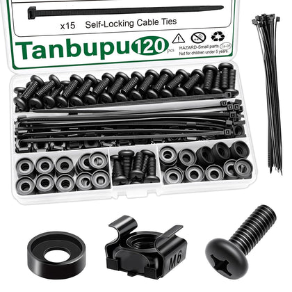 120Pcs M6 x 16mm Rack Mount Cage Nuts, Screws, Washers and Self-Locking Cable Ties, Server Rack Screws and Square Nuts for Rack Mount Server Cabinet, Shelves, Enclosures, Routers
