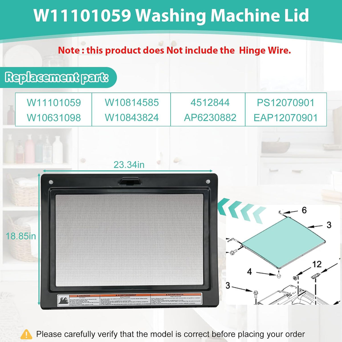 W11101059 Lid Assembly Compatible with Whirlpool Washer Lid WTW8040DW4