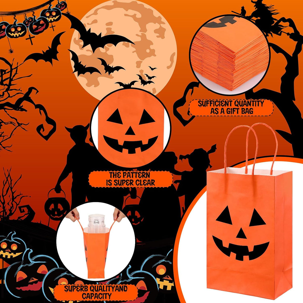 50 Pcs Halloween Pumpkin Gift Bags Kraft Paper with Handles