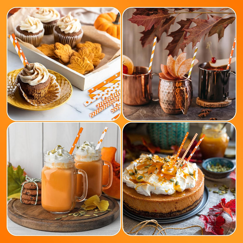200 Pieces Thanksgiving Paper Straws Orange and Gold Assorted Paper Straws Biodegradable Drinking Straw Mix for Fall