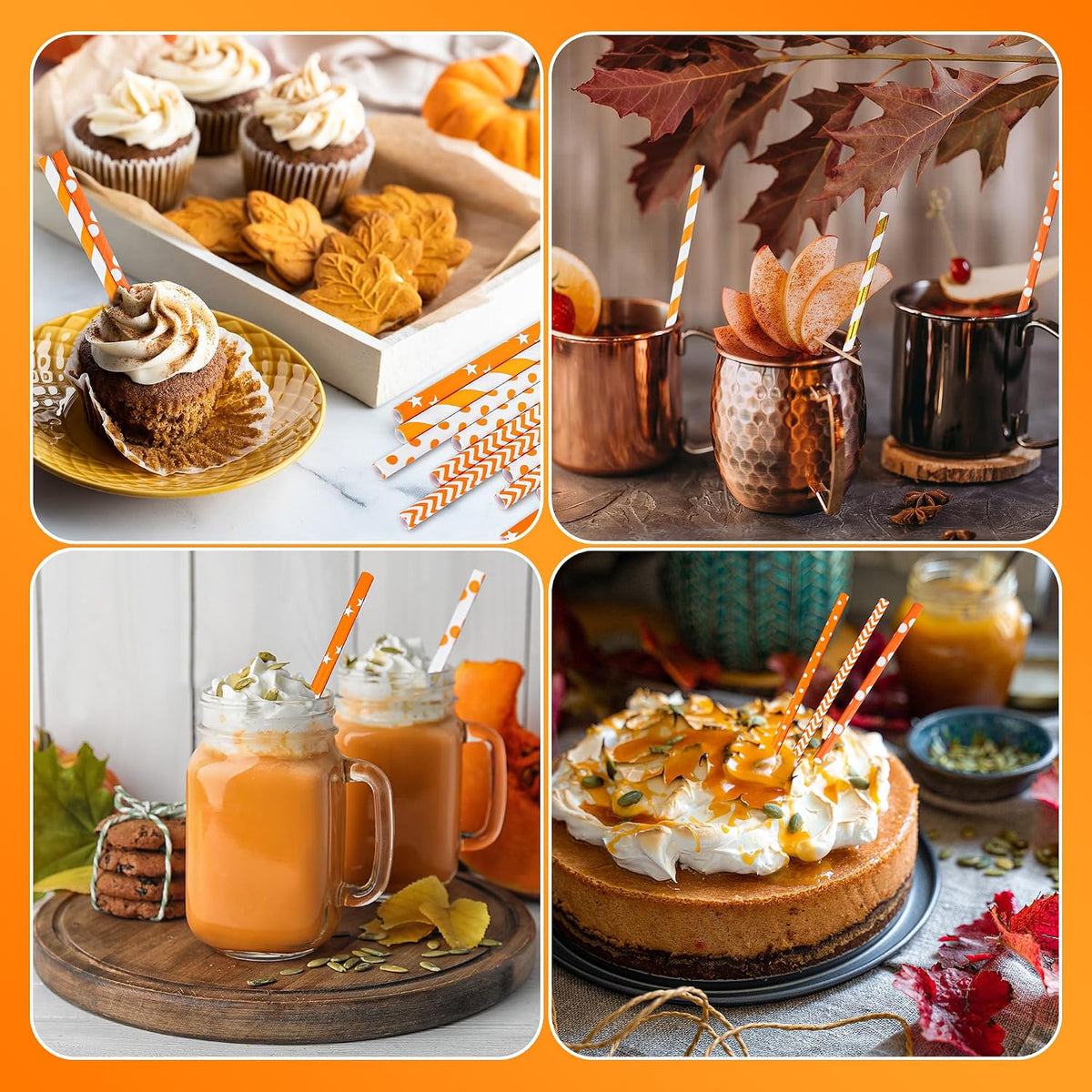 200 Pieces Thanksgiving Paper Straws Orange and Gold Assorted Paper Straws Biodegradable Drinking Straw Mix for Fall