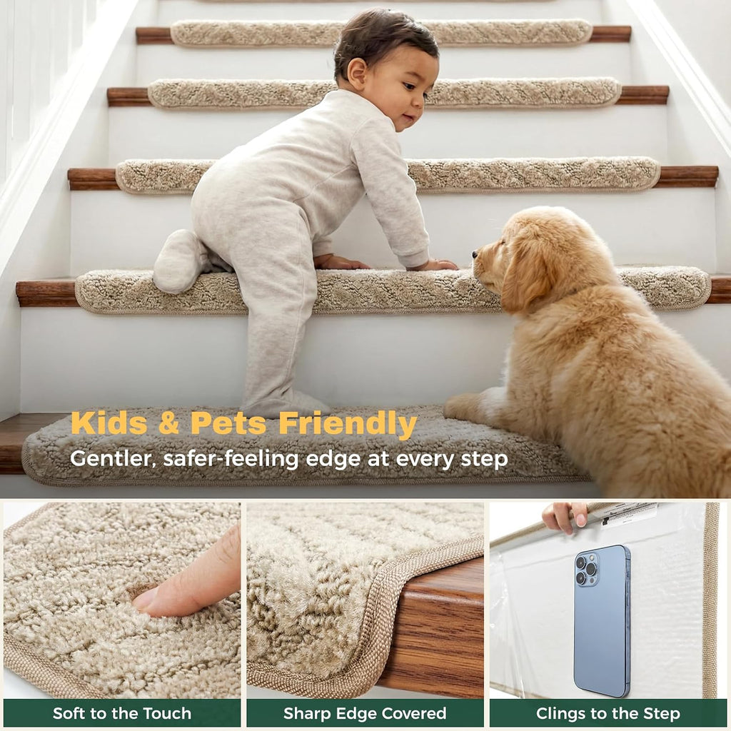Non-Slip Carpet Bullnose Stair Treads 14 Pack 9.5" x 30" Beige