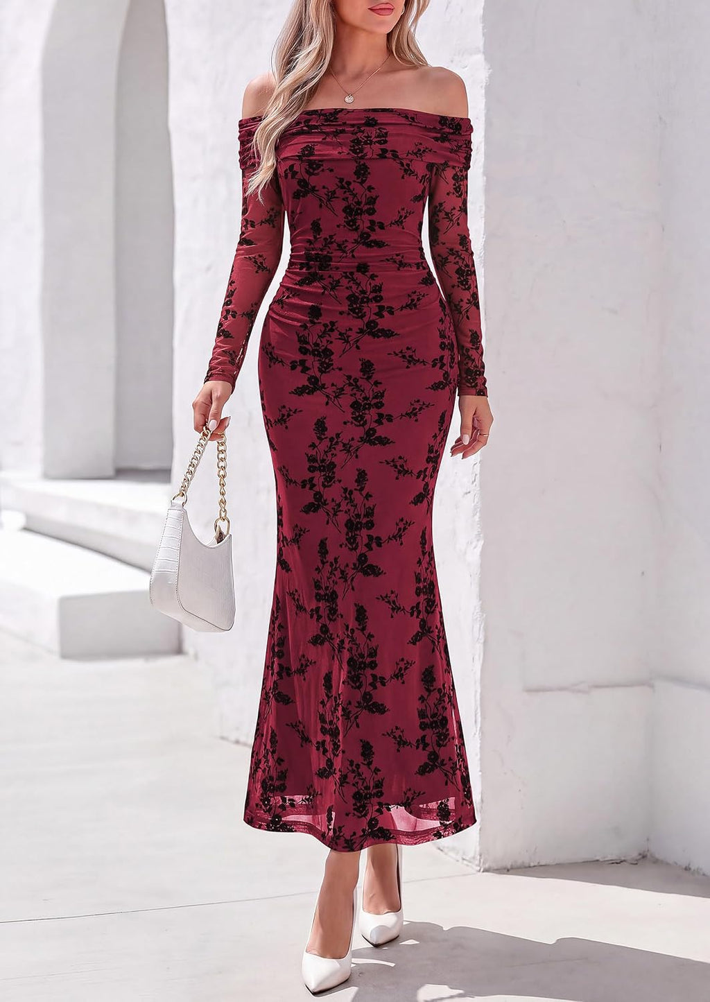 Womens Fall Off Shoulder Floral Maxi Wedding Guest Dress