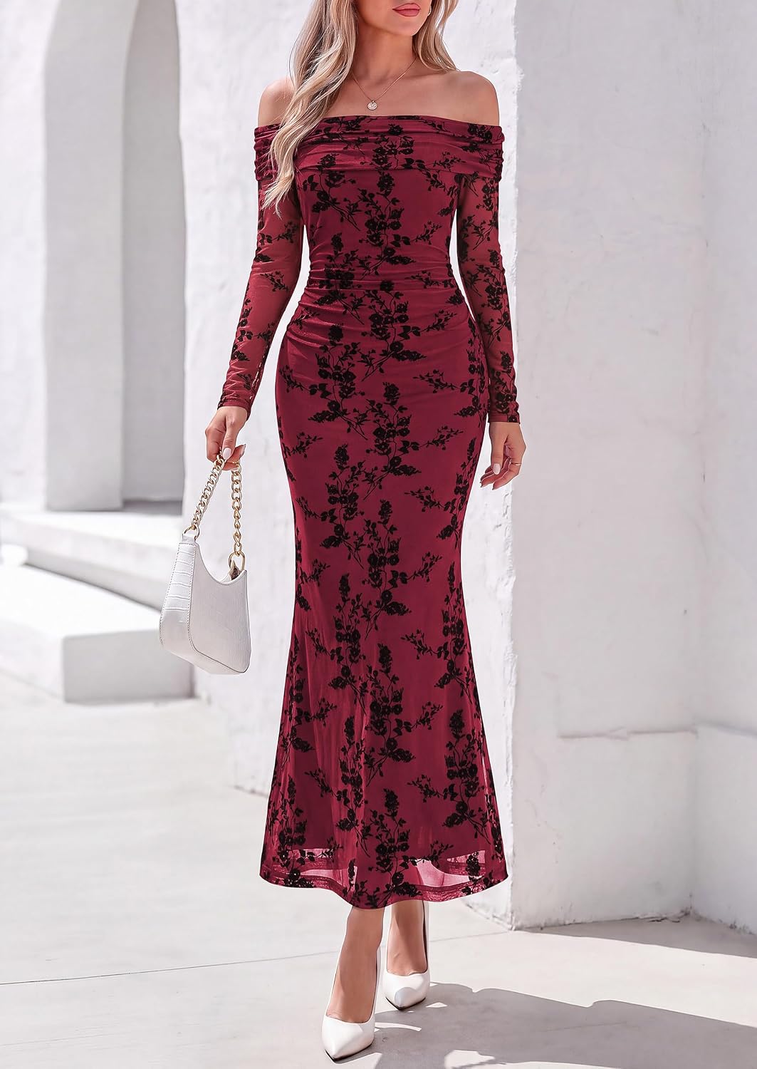 Womens Fall Off Shoulder Floral Maxi Wedding Guest Dress
