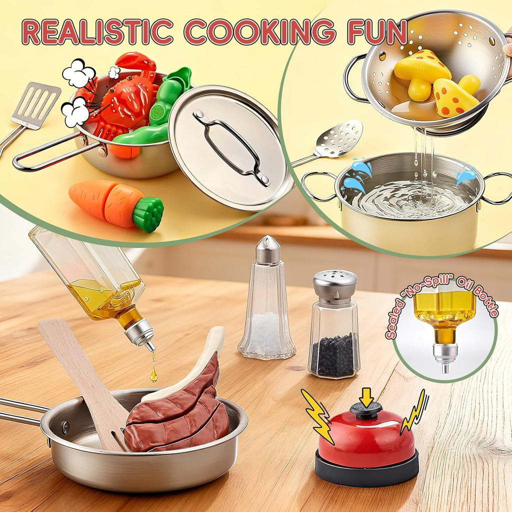 Play Kitchen Accessories, Large Stainless Steel Toddler Cooking Set, Kids Kitchen Playset with Cutting Play Food