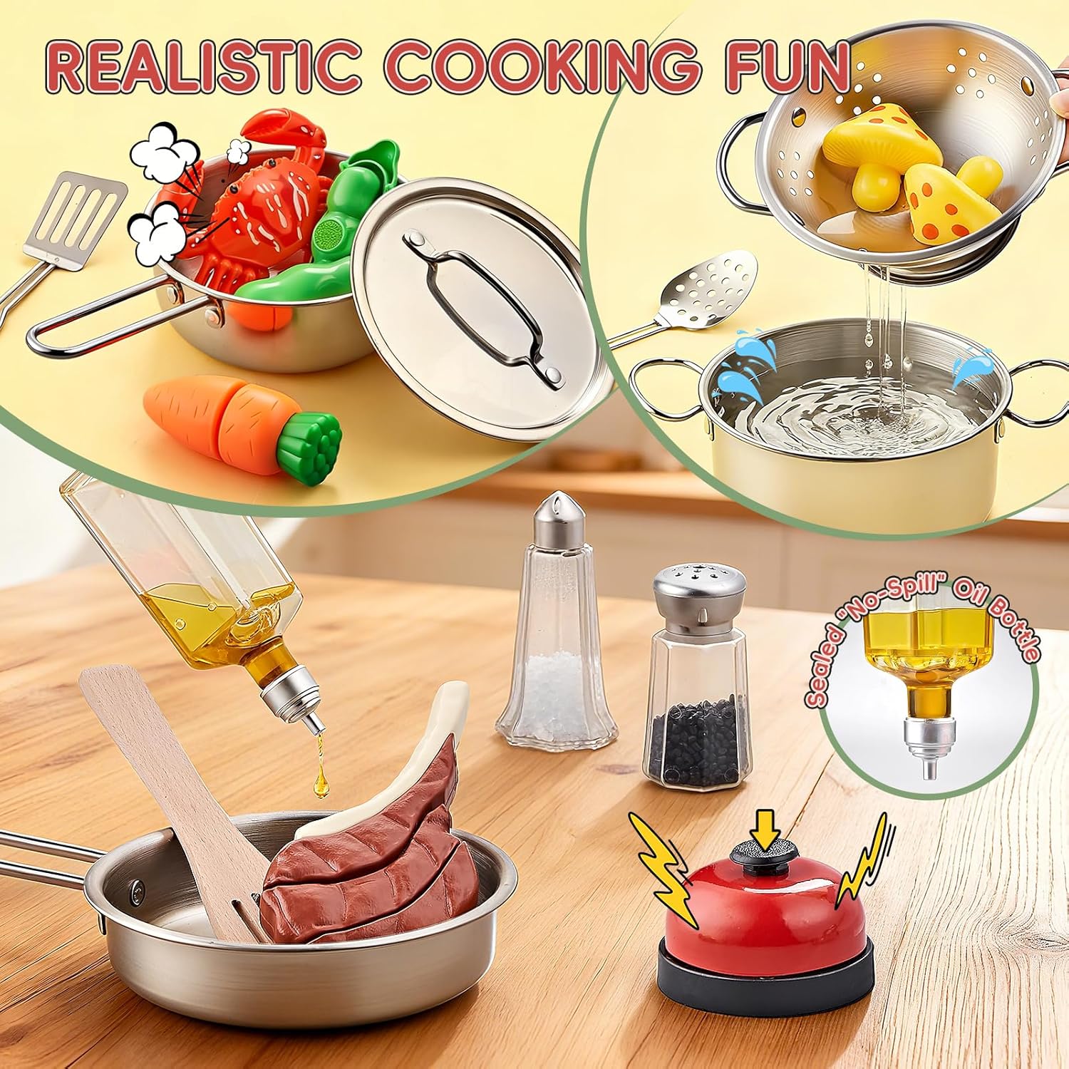 Play Kitchen Accessories, Large Stainless Steel Toddler Cooking Set, Kids Kitchen Playset with Cutting Play Food