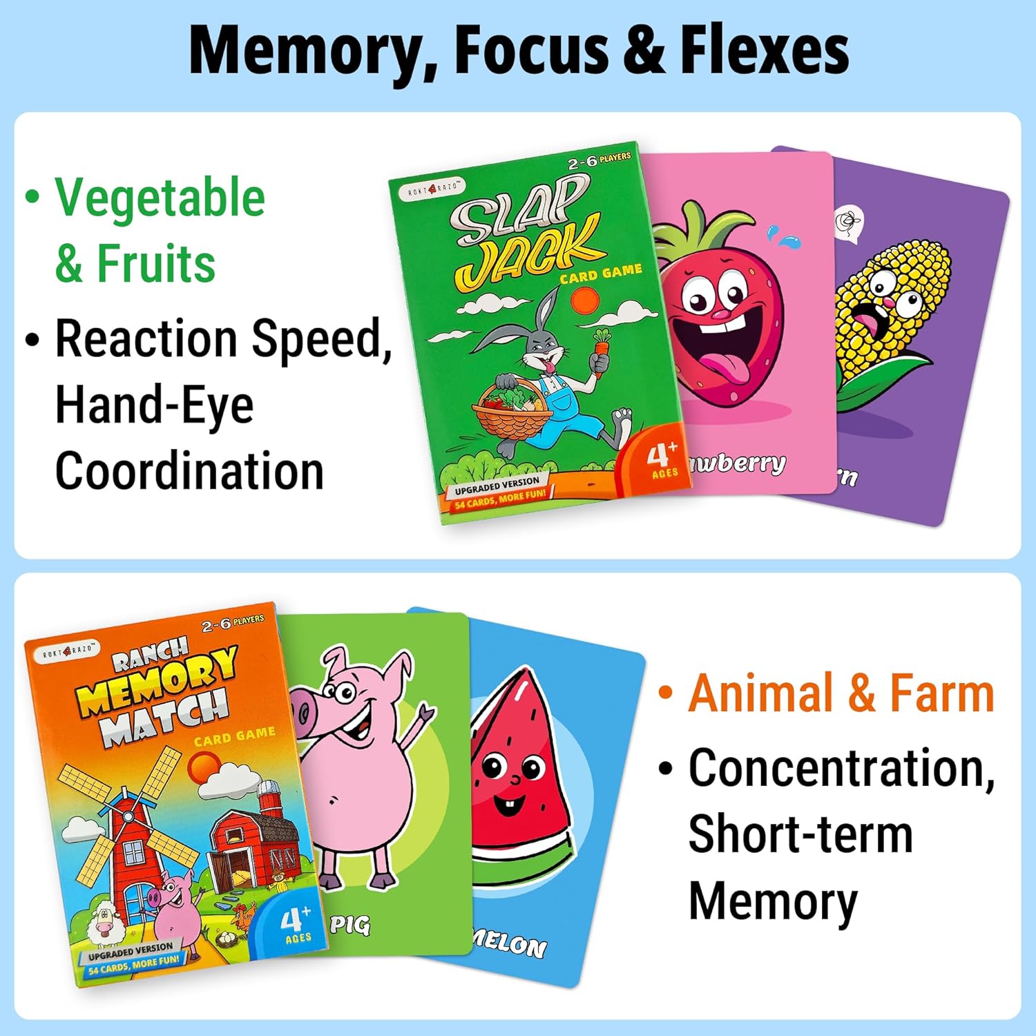 Upgraded Kids Card Games Pack, 6 Decks, Go Fish, Old Maid, Crazy Eights, Memory Match, Slap Jack, War, Playing Cards