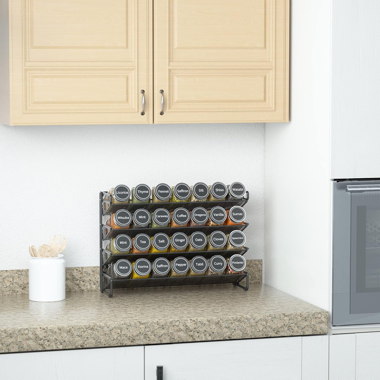 Spice Rack Organizer with 28 Spice Jars, 386 Spice Labels, Chalk Marker and Funnel Set for Cabinet, Countertop