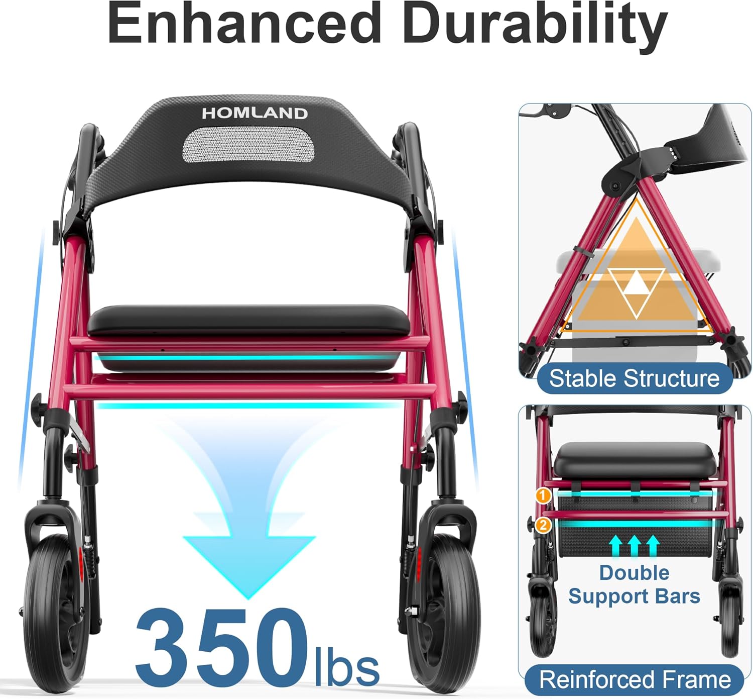 Foldable Rollator Walkers with Seat for Seniors, 8'' Big Wheels, 350 lb. Weight Capacity, Adjustable Handles and Seat