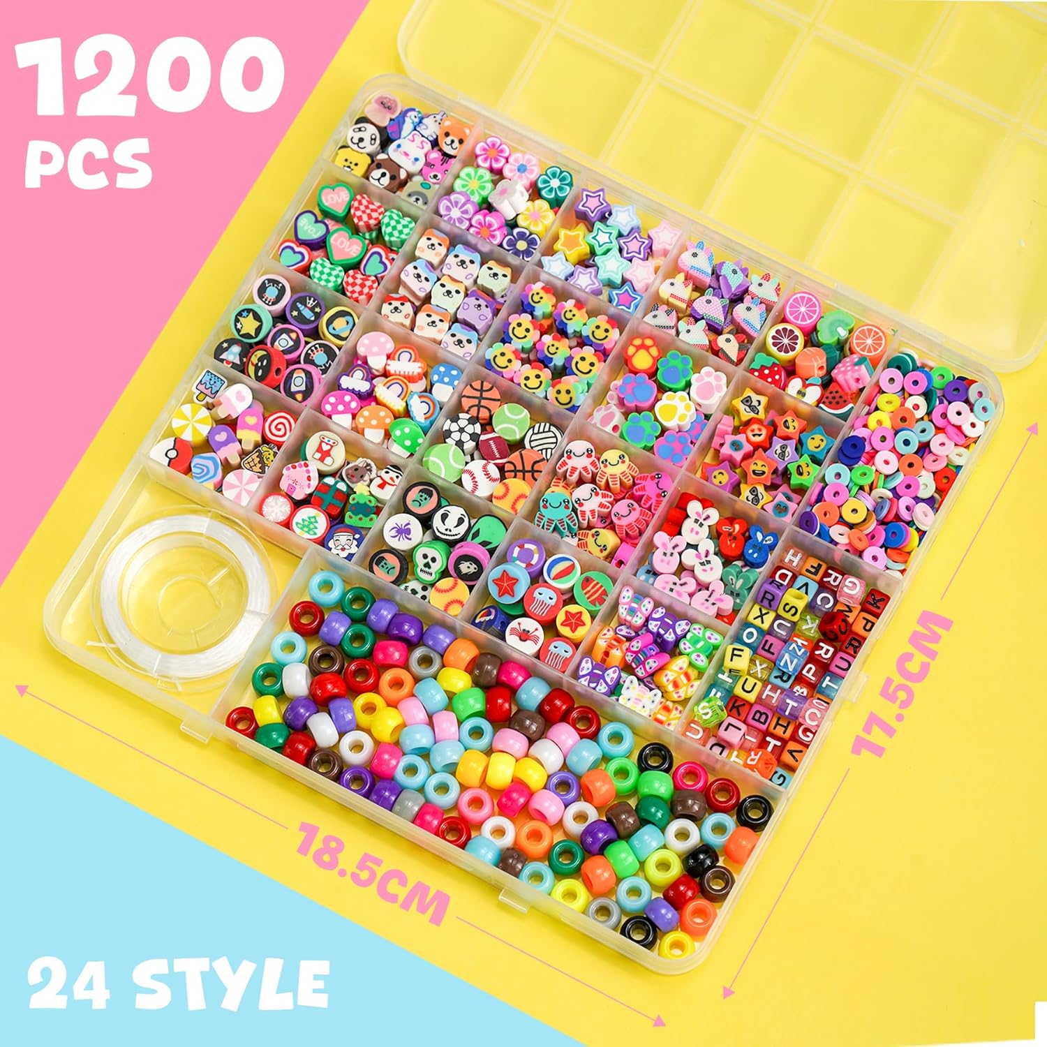 1200 Pcs Polymer Clay Beads Bracelet Making Kit, 25 Style Animal Fruit Flower Butterfly Bunny Pony Letter Beads