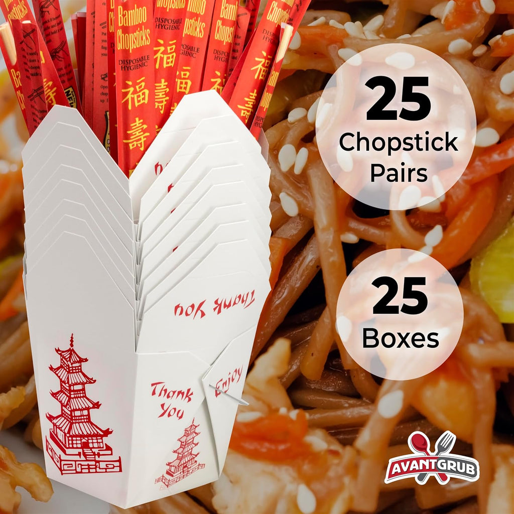 Durable 32 Oz Chinese Take Out Boxes. 25pk Food Containers With 25pk Sleeved and Separated Bamboo Chopsticks.