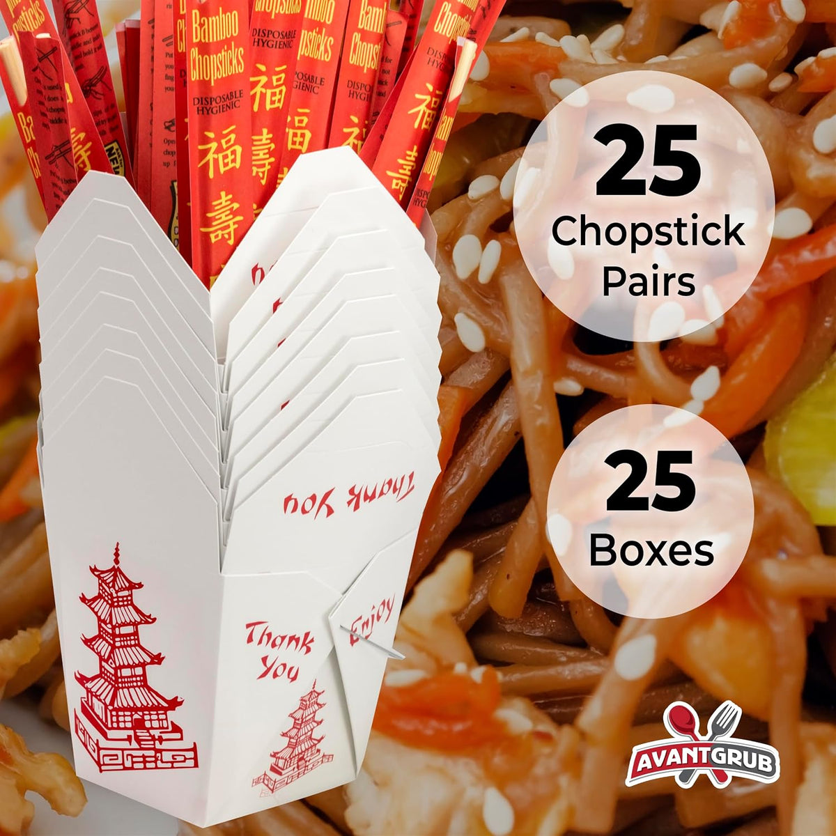 Durable 32 Oz Chinese Take Out Boxes. 25pk Food Containers With 25pk Sleeved and Separated Bamboo Chopsticks.