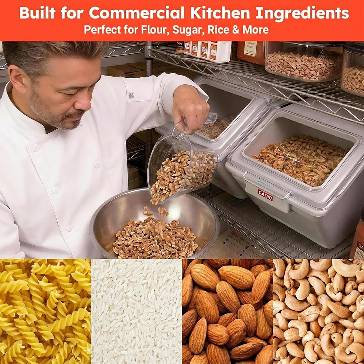 6 Gallon / 97 Cup Commercial Shelf Ingredient Bin with Scoop, Stackable Food Storage Container with Clear Flip Lid