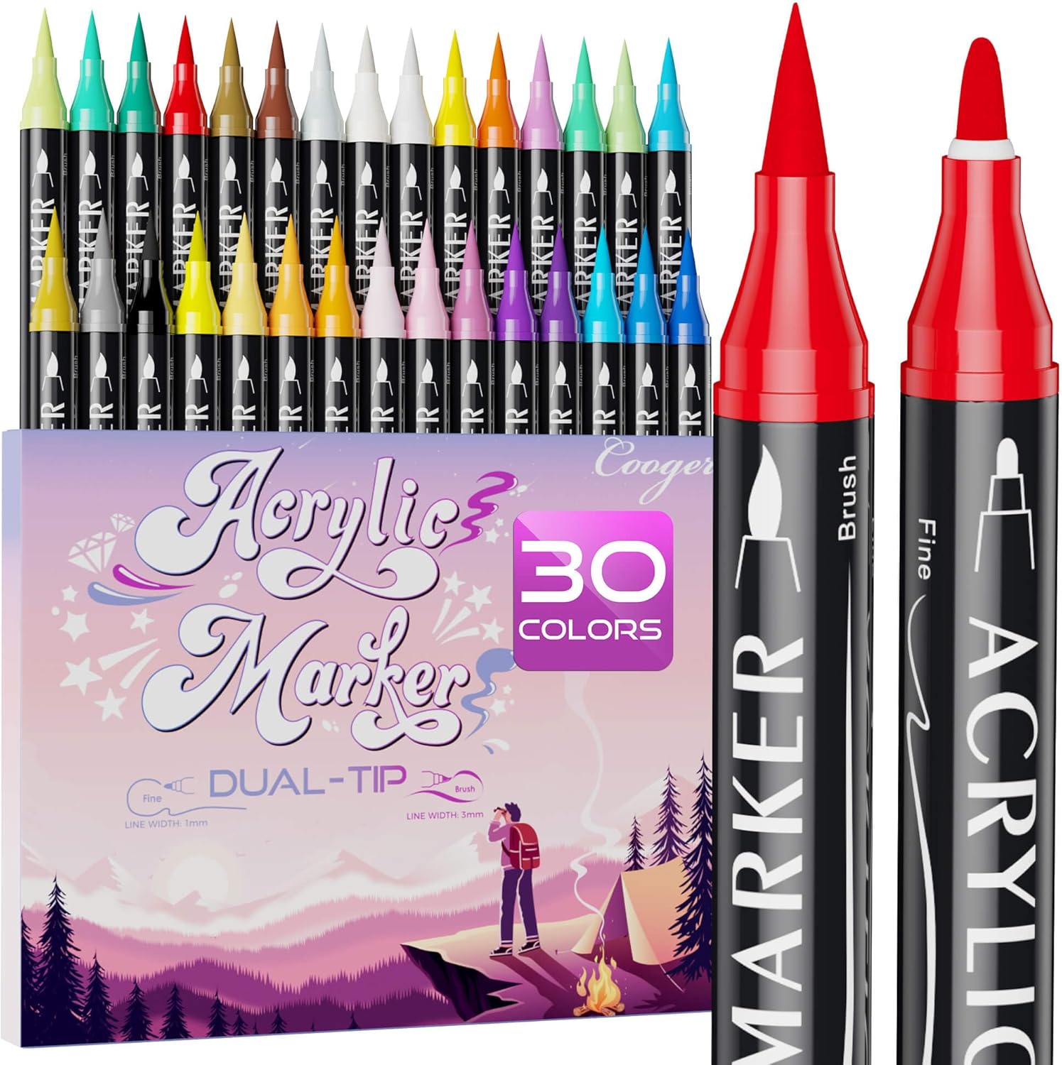 30 Colors Dual Tip Acrylic Paint Markers,Fine Tip and Brush Tip Permanent Acrylic Paint Pens For Rock Painting