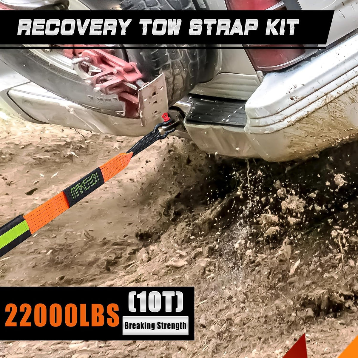 Tow Strap Heavy Duty with Hooks, 2"×16ft 22,000Lbs Tow Rope with D-Ring Shackles (2pcs) + Protective Gloves (2pcs)