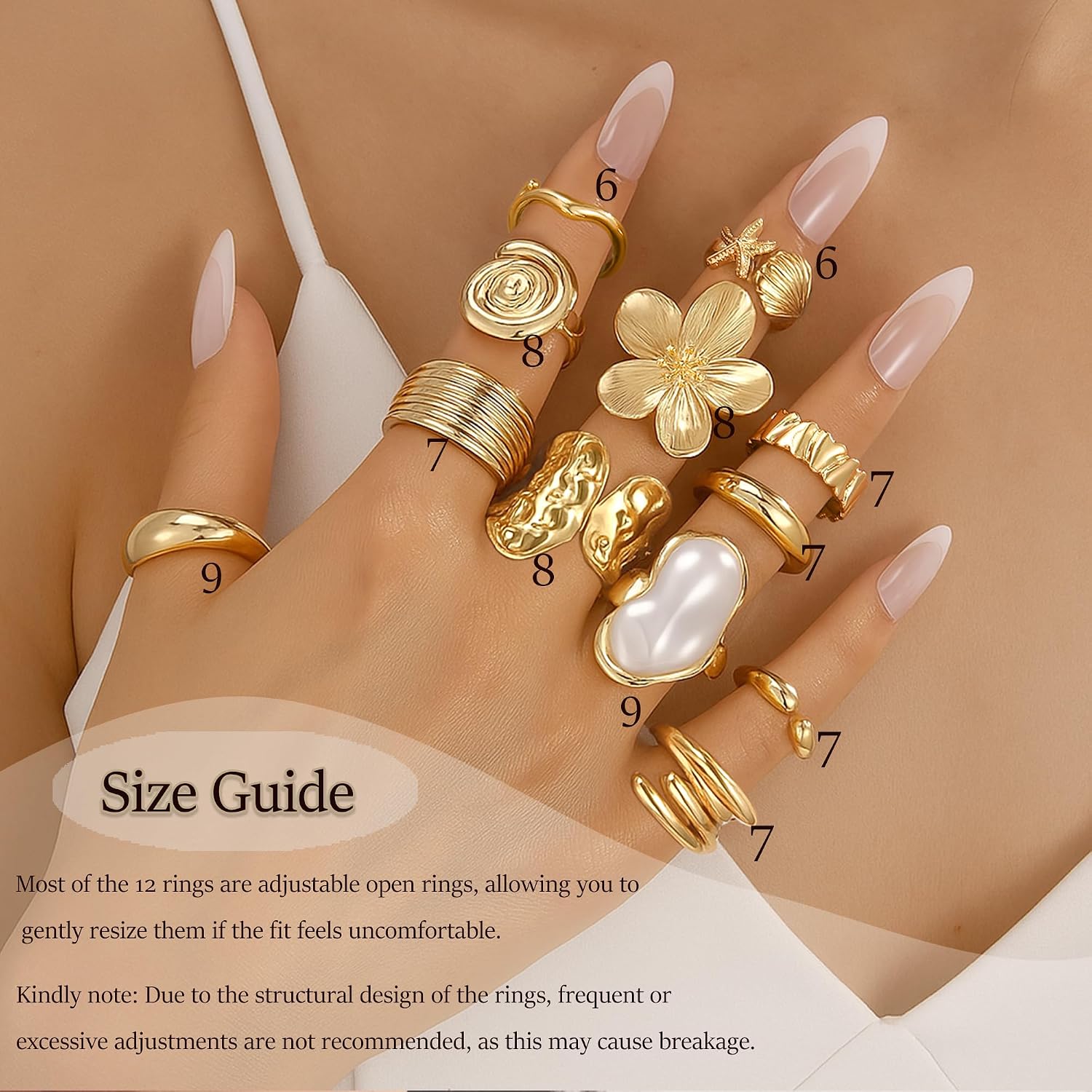 12 PCS Chunky Gold Rings for Women Non Tarnish Statement Flower Ring, 14K Gold Plated Stackable Open Stacking Rings