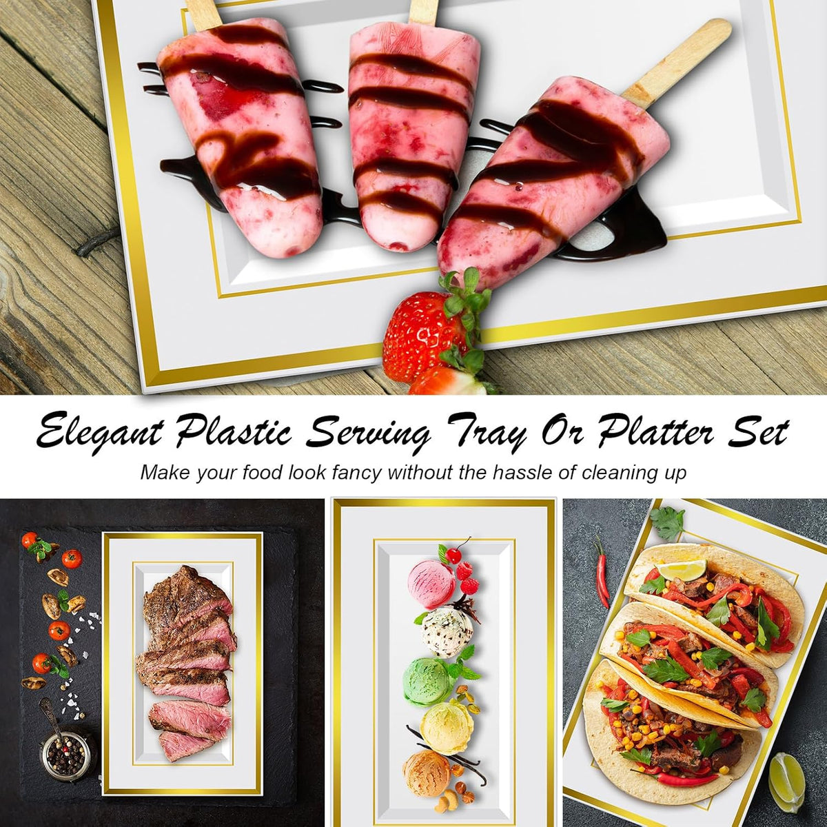 30 Pcs Disposable Plastic Serving Tray, White Gold Rim, 8 x 13 Inch
