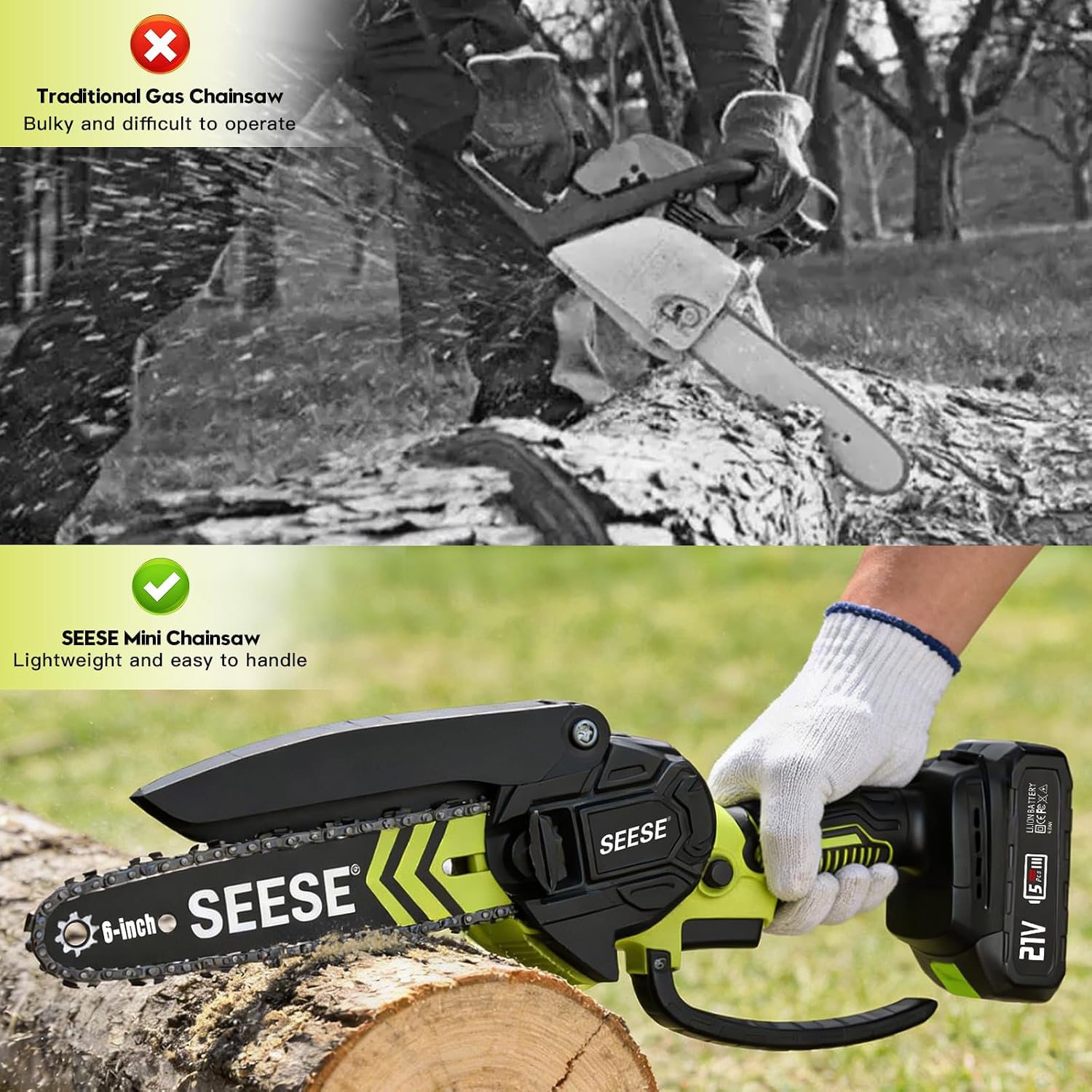 6-inch Mini Chainsaw Cordless: Pure Copper Brushless Motor, High Efficiency, Low Noise, Up to 80-Min Runtime for