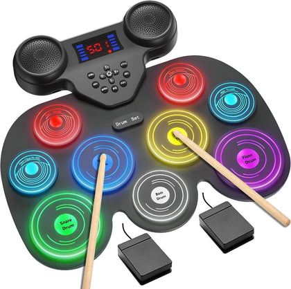 Electric Drum Set with 7 Colorful LED Light Patterns, Better Rebound Feel Electronic Drum Kit Featuring Bluetooth