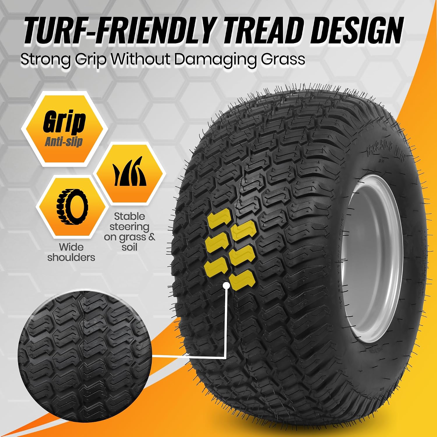 2-Pack 18x9.5-8 Lawn Mower Tire and Wheel Assembly, 4-Ply Tubeless Turf Tires on Silver Rim, 4 Lug 4" Bolt Pattern