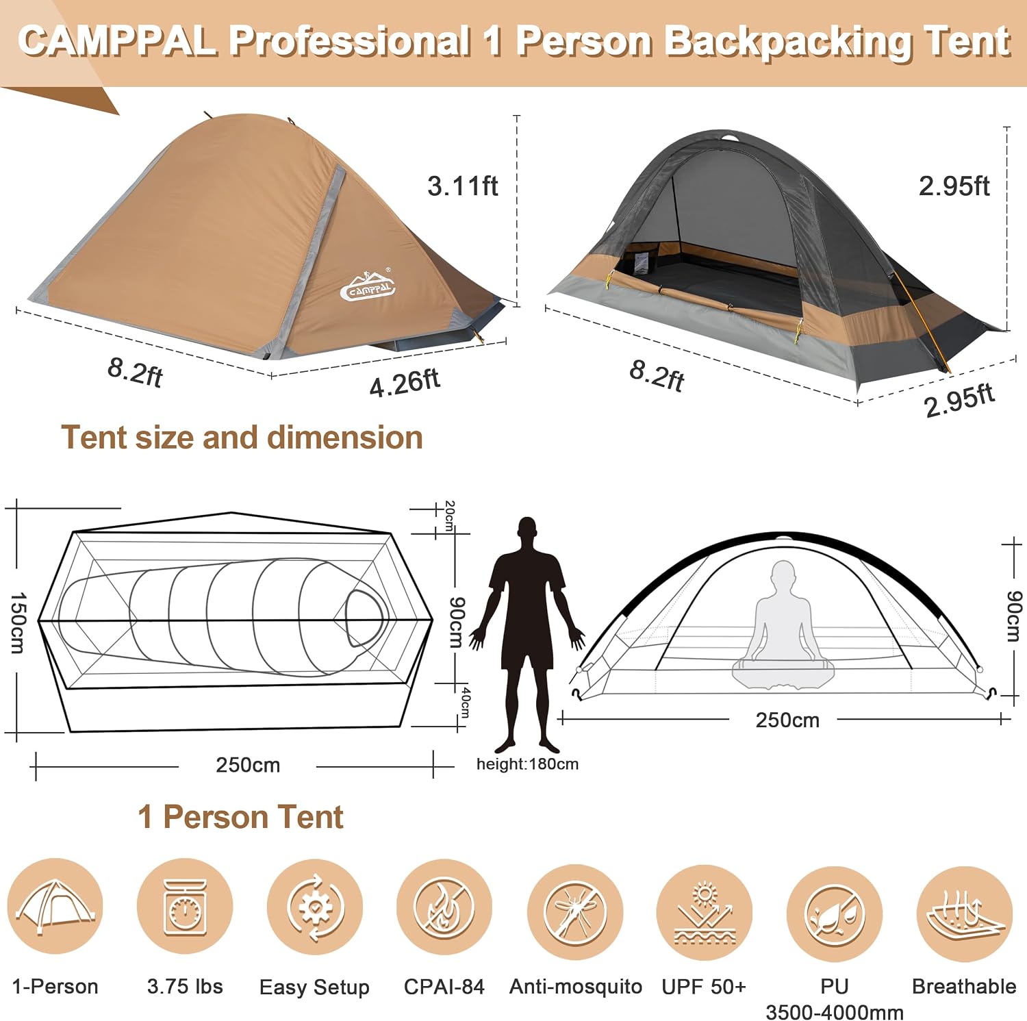 1 Person Tent for Camping Hiking Mountain Hunting Backpacking Tents 4 Season Resistance to Windproof Rainproof and