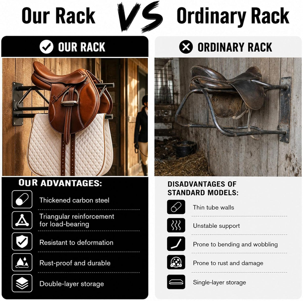 2 Pack Rust Resistant Wall Saddle Rack with Pad for Western Style Saddles,Black