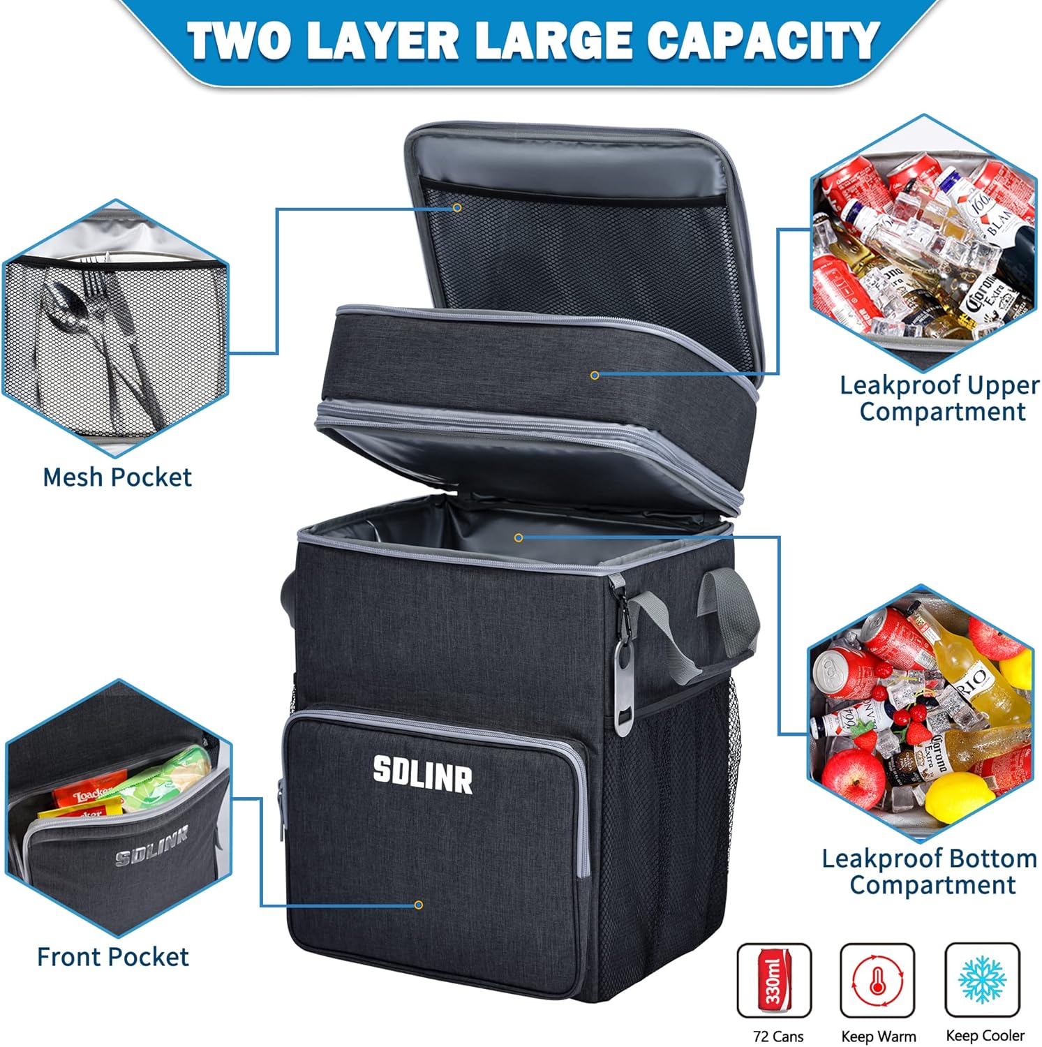 Collapsible Cooler with Wheels, Rolling Cooler Bag for Beach Travel | Two-layer Large Capacity, Leakproof Food-grade