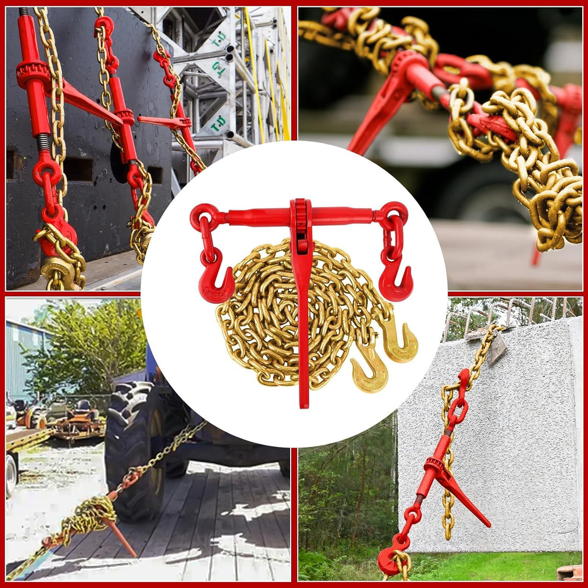 Ratchet Chain Binder Kit, Load Binder w/ 10 ft Chain/Grab Hooks