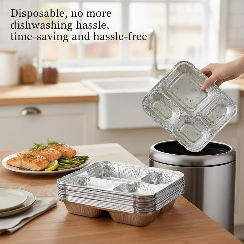 20 Pack 9.6 x 8.5 Inch 4-Compartment Disposable Aluminum Foil Trays with Lids, Oven Safe Food Containers for Takeout