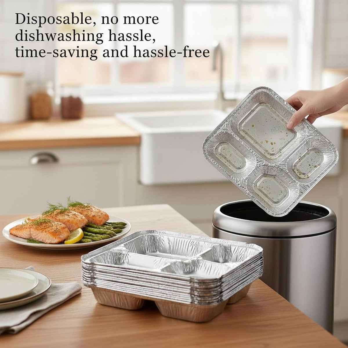 20 Pack 9.6 x 8.5 Inch 4-Compartment Disposable Aluminum Foil Trays with Lids, Oven Safe Food Containers for Takeout