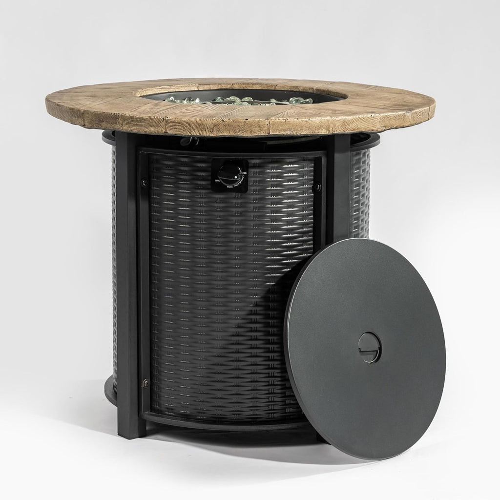 30'' Concrete Round Gas Fire Pit, 50,000 BTU Steel Outdoor Fire Tables, Fire Table with Lid, Add Warmth & Ambience to