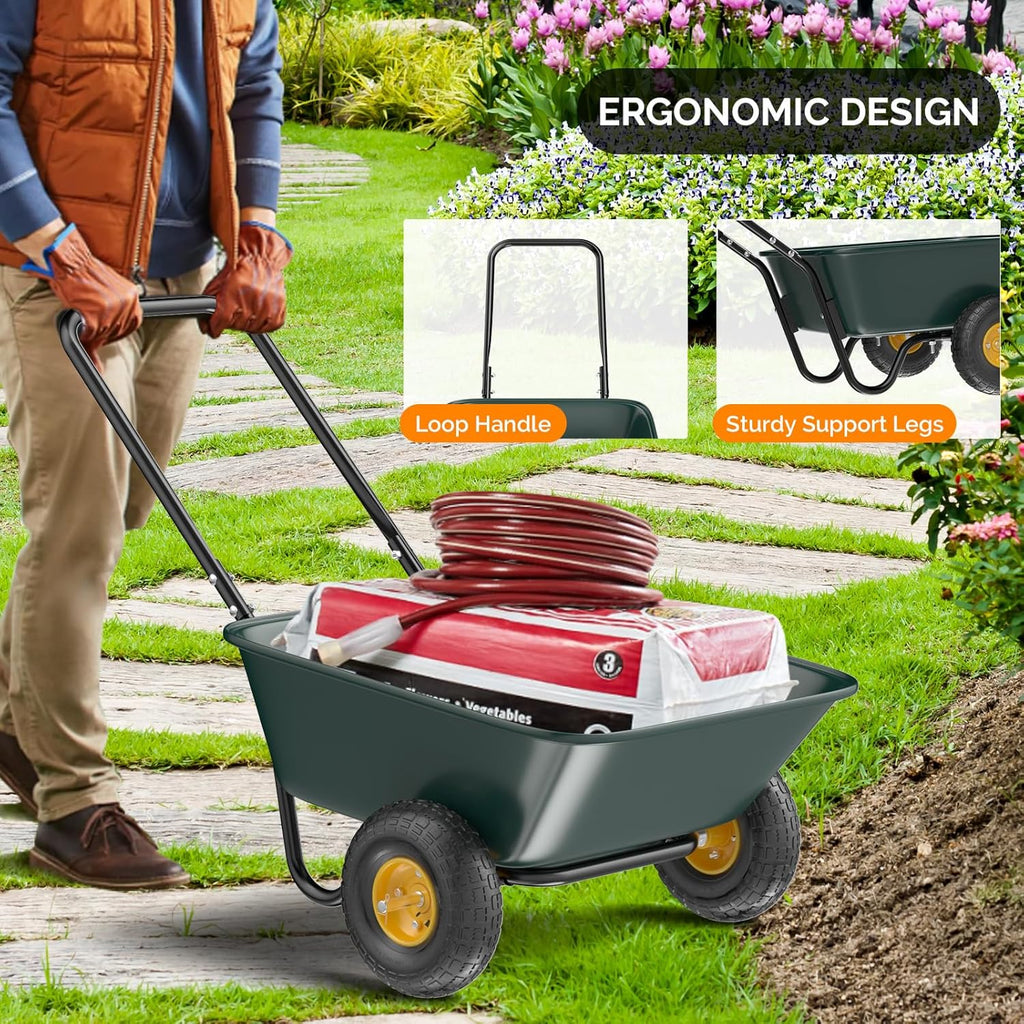 2 Wheel Wheelbarrow, Plastic and Steel Wheel Barrel, 330lbs Capacity Garden Cart for Lawn, Gardening, Construction