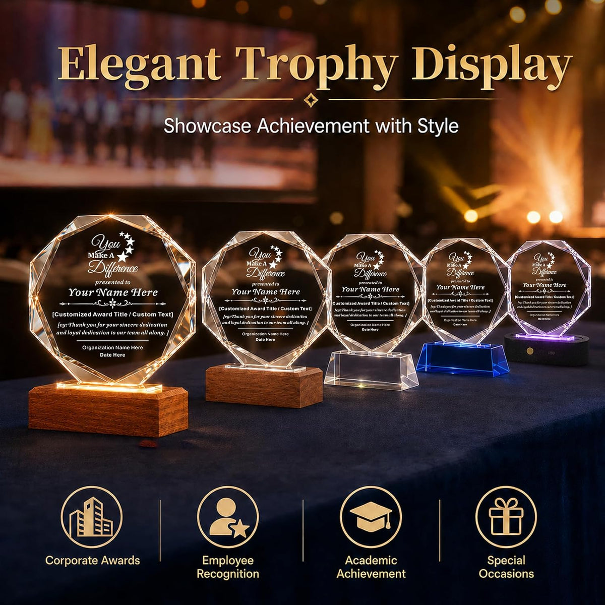 SHIP NEXT DAY, Custom Crystal Trophy Award, Engraved Plaque with LED Base