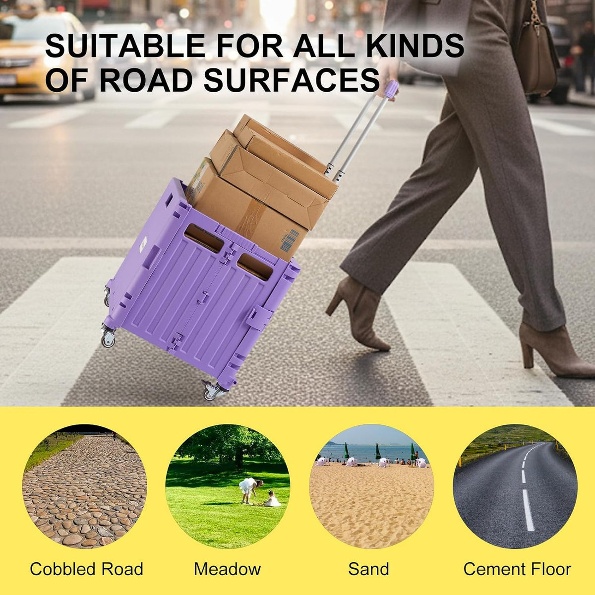Foldable Utility Cart Folding Portable Rolling Crate Handcart with Durable Heavy Duty Plastic Telescoping Handle