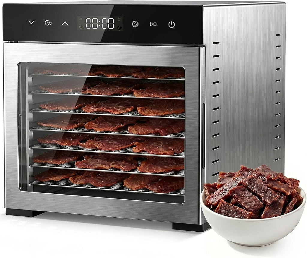 Food Dehydrator Machine, 500W Jerky Dehydrators with 8 Stainless Steel Large Trays, 185°F Temperature Control & 24H