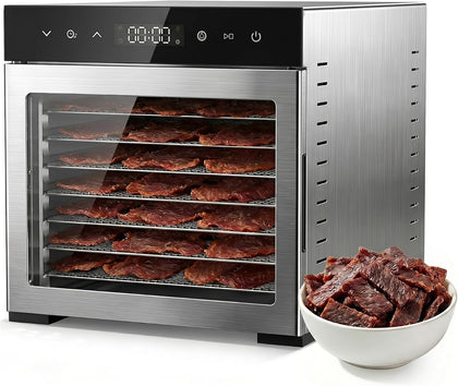 Food Dehydrator Machine, 500W Jerky Dehydrators with 8 Stainless Steel Large Trays, 185°F Temperature Control & 24H