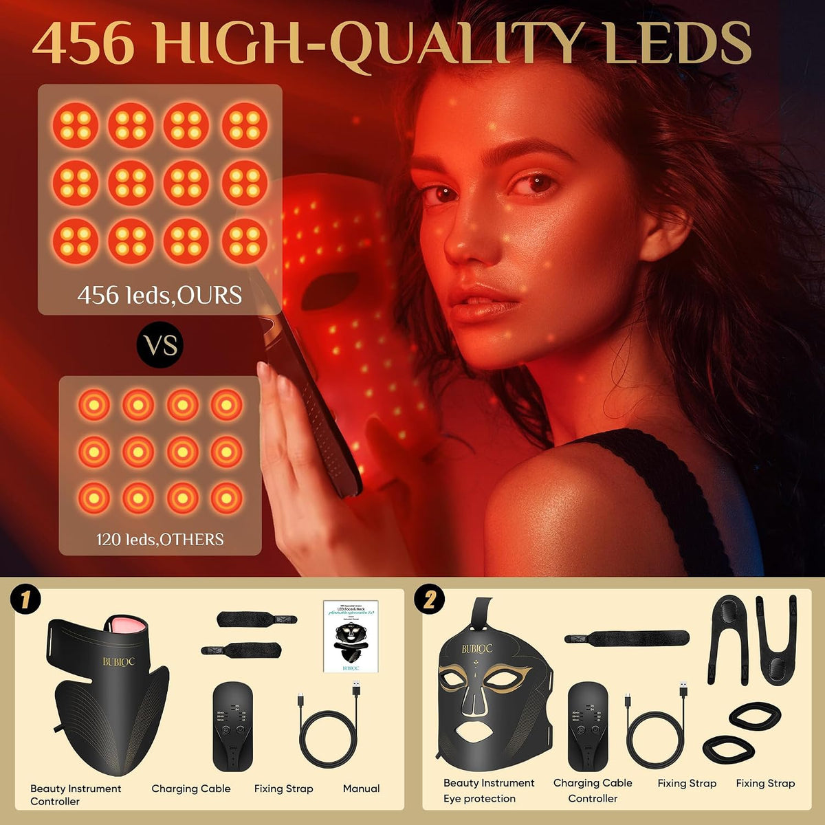 Red Light Therapy Mask Set, Five-Level Brightness Adjustment for Face and Neck, 630nm Infrared Light + 850nm