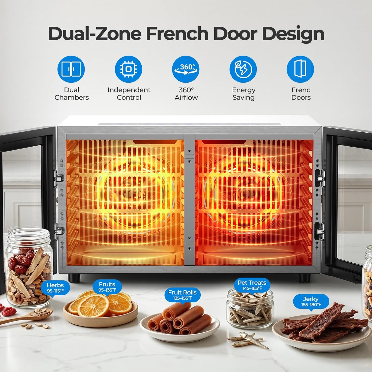 Food Dehydrator with 20 Trays, 1300W Dryer, 95–180°F Temp, 48H Timer