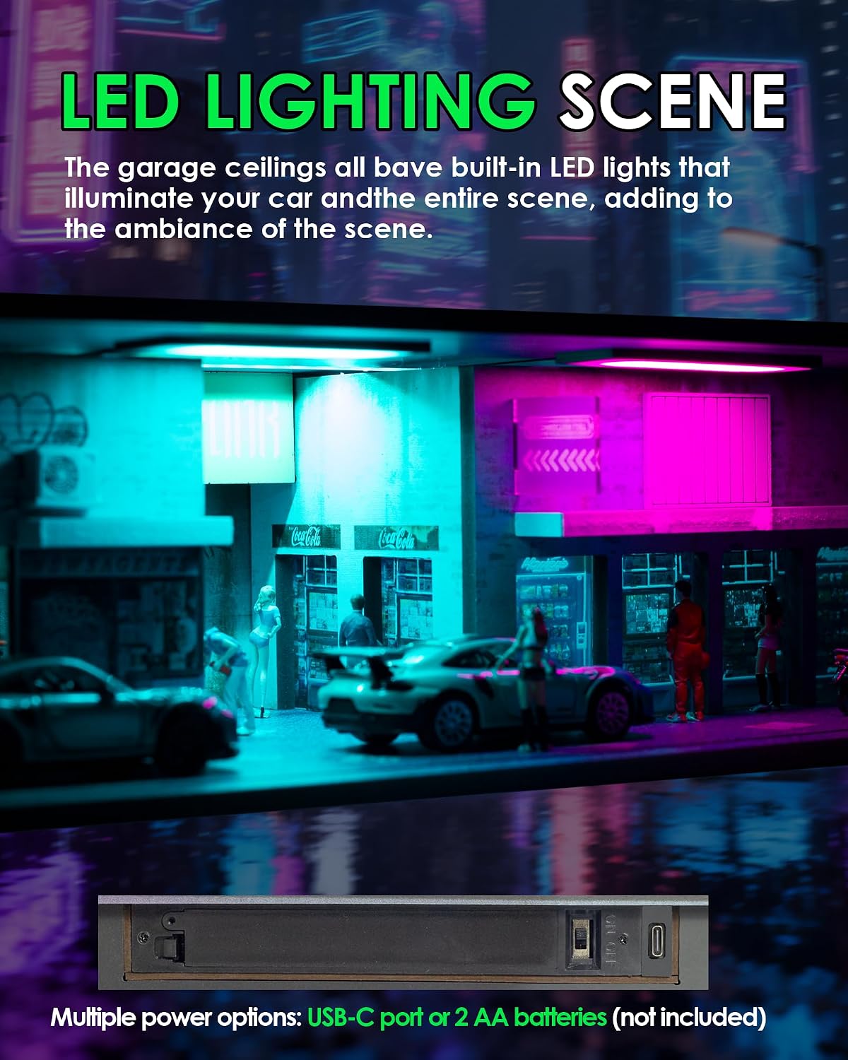 1/64 Scale Display Case Car Garage Diorama, Cyberpunk Acrylic Clear Diecast Car Showcase with Blue & Purple LED