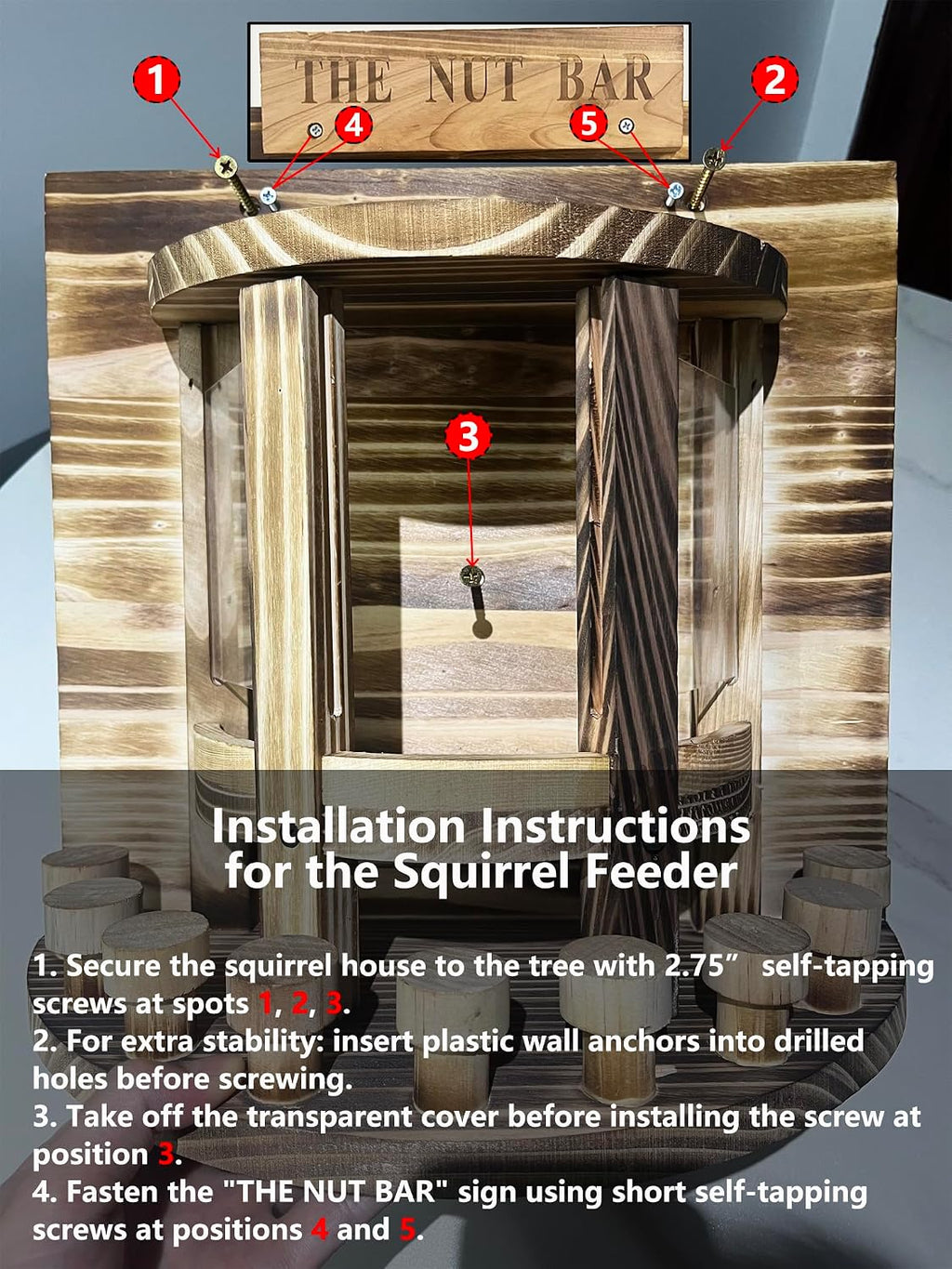Wooden Squirrel Feeder 'The Nut Bar',Wall or Tree Mount, 13.3x12.6 Inch, Includes Mini Umbrella(Need to Punch Holes