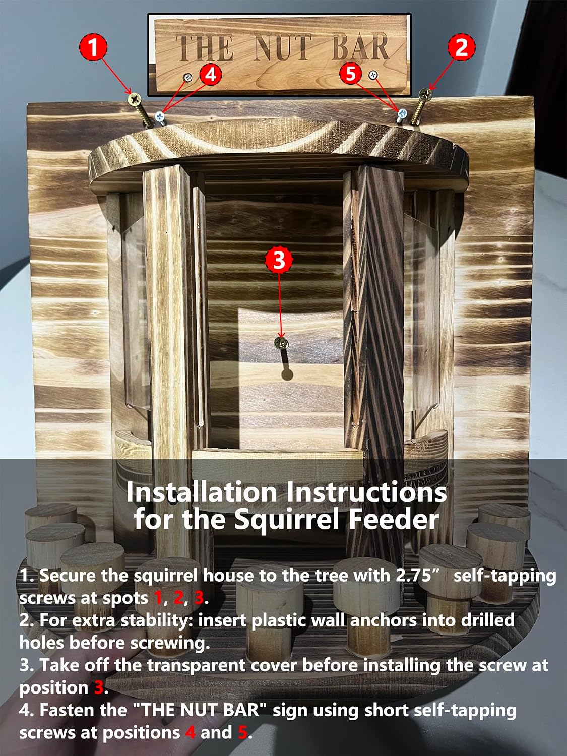 Wooden Squirrel Feeder 'The Nut Bar',Wall or Tree Mount, 13.3x12.6 Inch, Includes Mini Umbrella(Need to Punch Holes