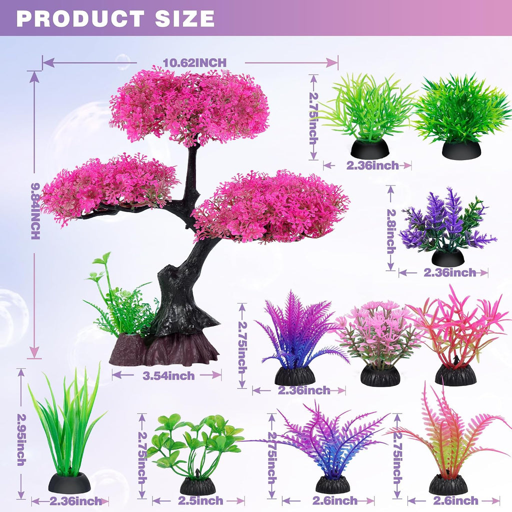 Pink Artificial Plastic Tree Aquarium Plants Decor Set, 11PCS | Soft Cherry Blossom Tree Fish Tank Decorations, Betta