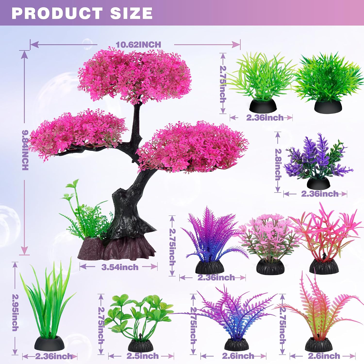 Pink Artificial Plastic Tree Aquarium Plants Decor Set, 11PCS | Soft Cherry Blossom Tree Fish Tank Decorations, Betta