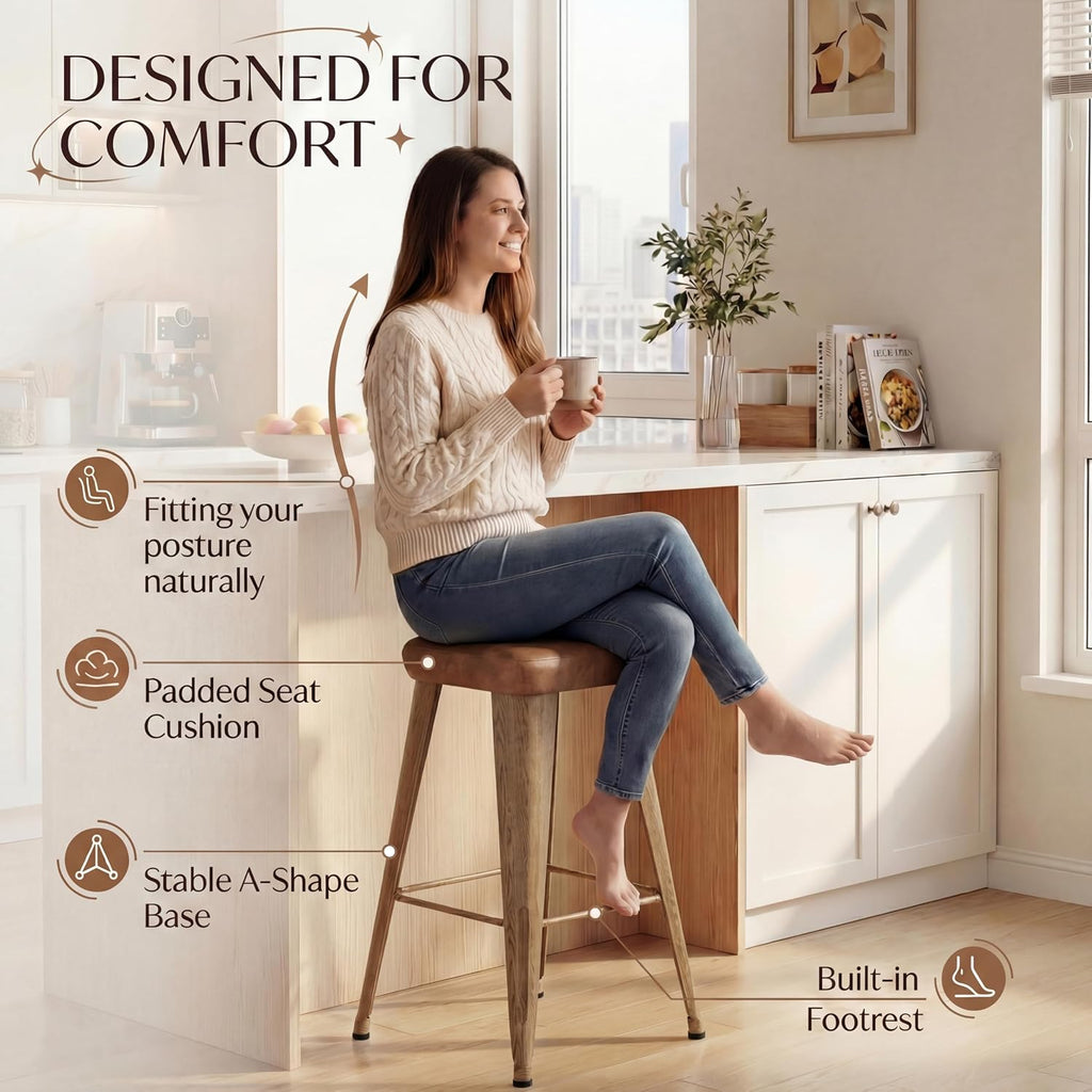 Backless Bar Stools Set of 4, 26" Walnut Brown Metal Barstools