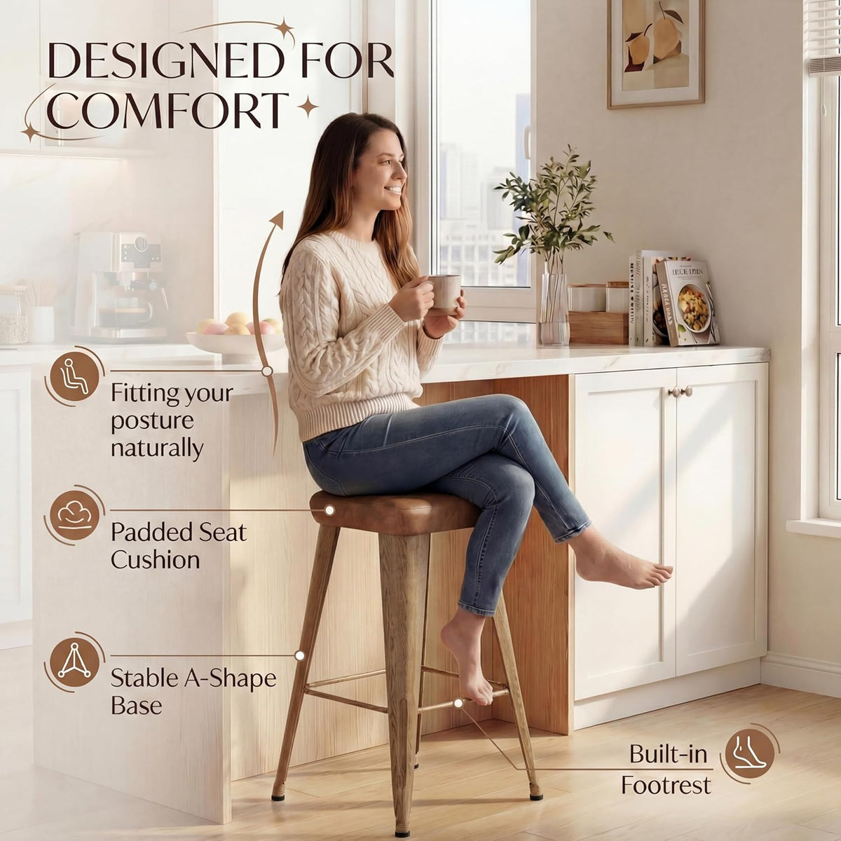 Backless Bar Stools Set of 4, 30" Walnut Brown Metal Barstools